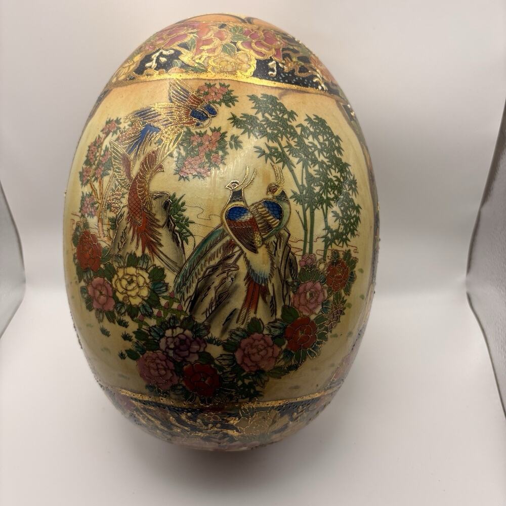10.5” Satsuma Style Peacock Porcelain Egg w/Gold Gilt East Asian Floral